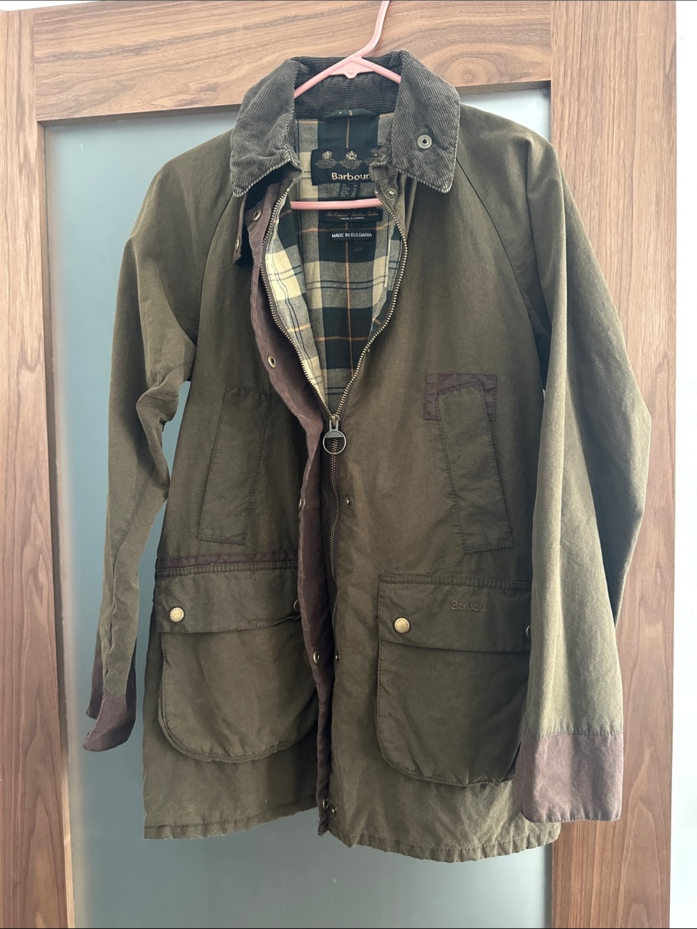 Barbour Olive Green Waxed Field Jacket with Brown Accents